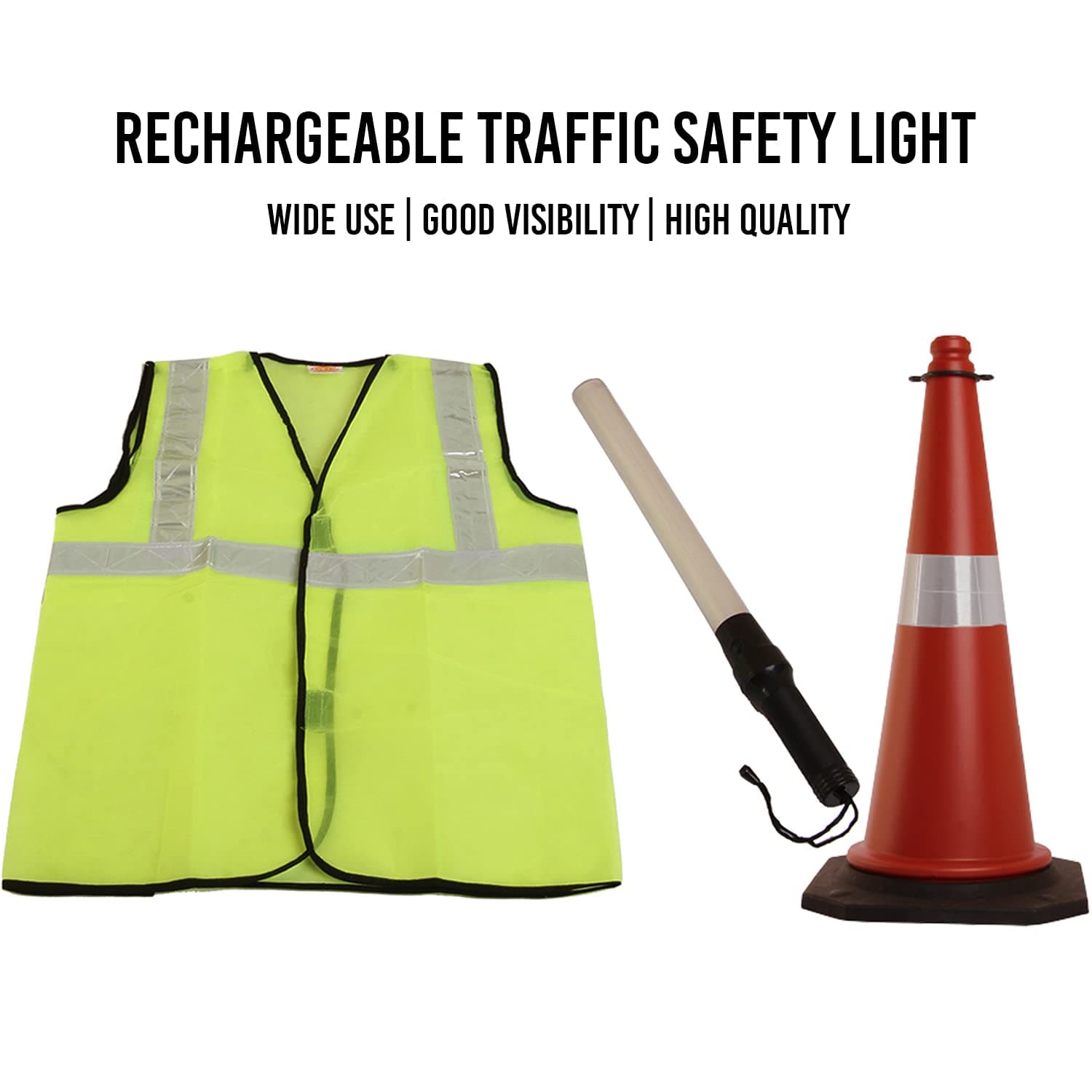 LADWA Combo: 3pcs - Green Reflective Jacket, Traffic Cone & Rechargeable Safety Baton (20") with 3 Flash Modes (1 Jacket + 1 Baton + 1 Cone). view 4