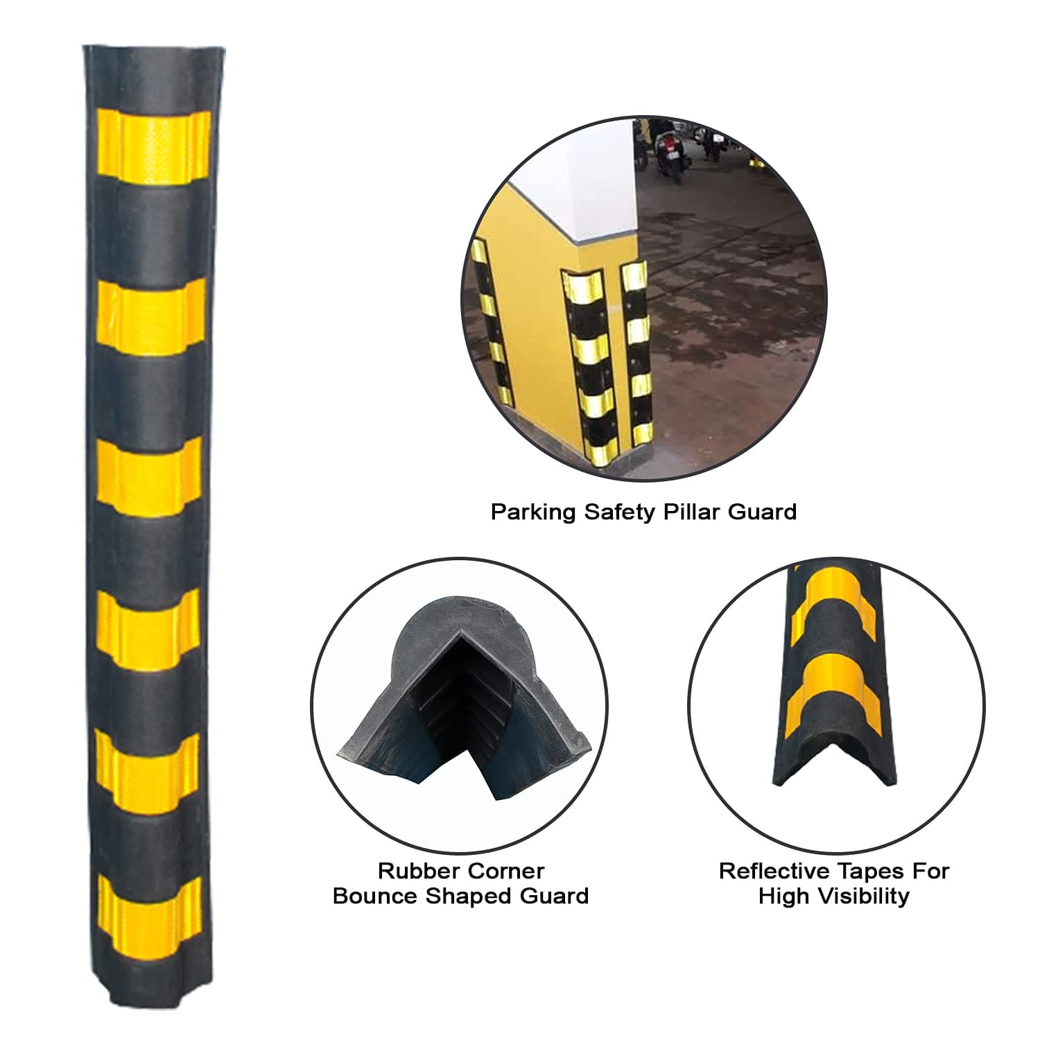 LADWA 1000 mm 8 Peices Parking Safety Pillar Guard, Rubber Corner Bounce Shaped Guard with Yellow Reflective Tapes for High Visibility - (Pack of 8) view 3