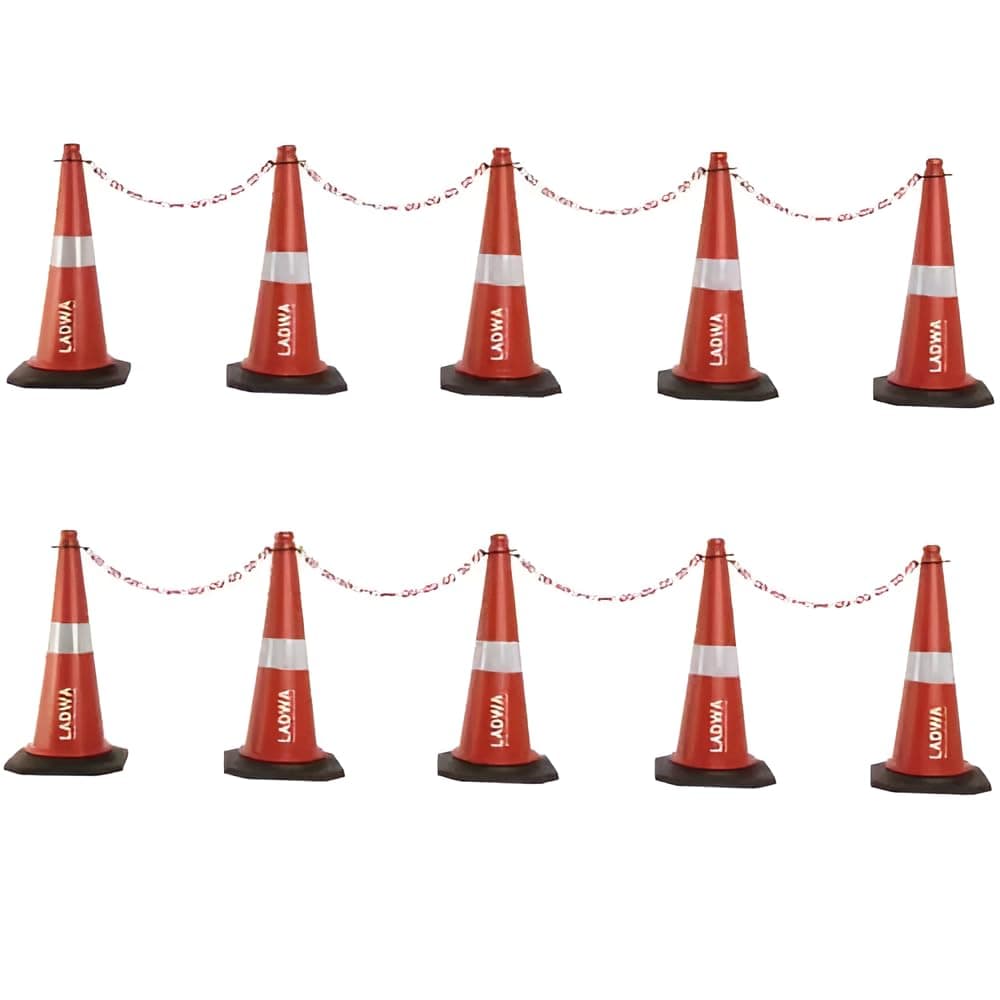 LADWA 750mm Combo of Impact Resistant Road 10 Traffic Safety Cones + 10 mtr chain + 10 Hooks with Reflective Strips Collar For Road Attention