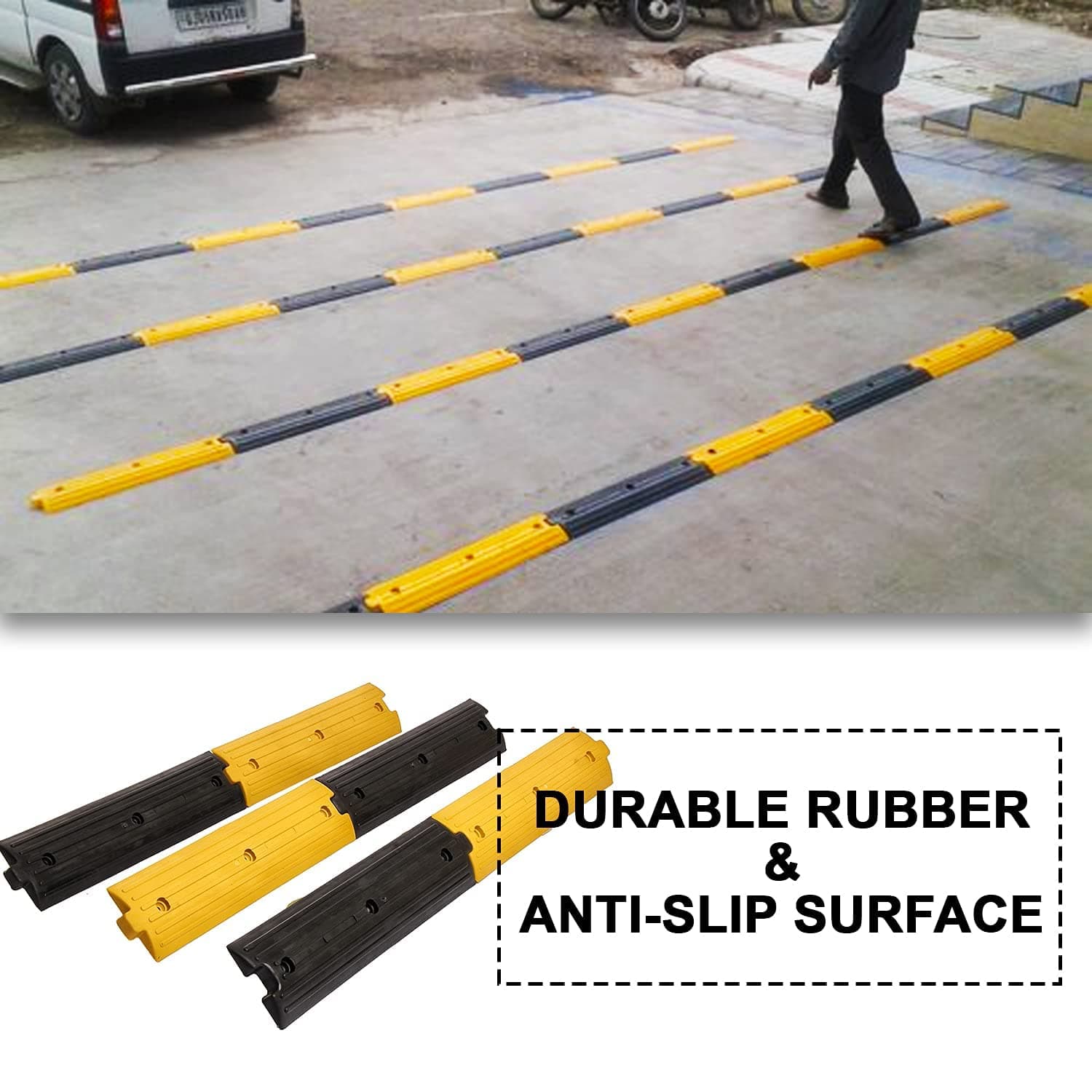 LADWA 16 Piece, 8 Mtrs Rubber Rumblers Safety Speed Breaker in Black & Yellow Color for High Visibility - (8 Yellow & 8 Black) view 2