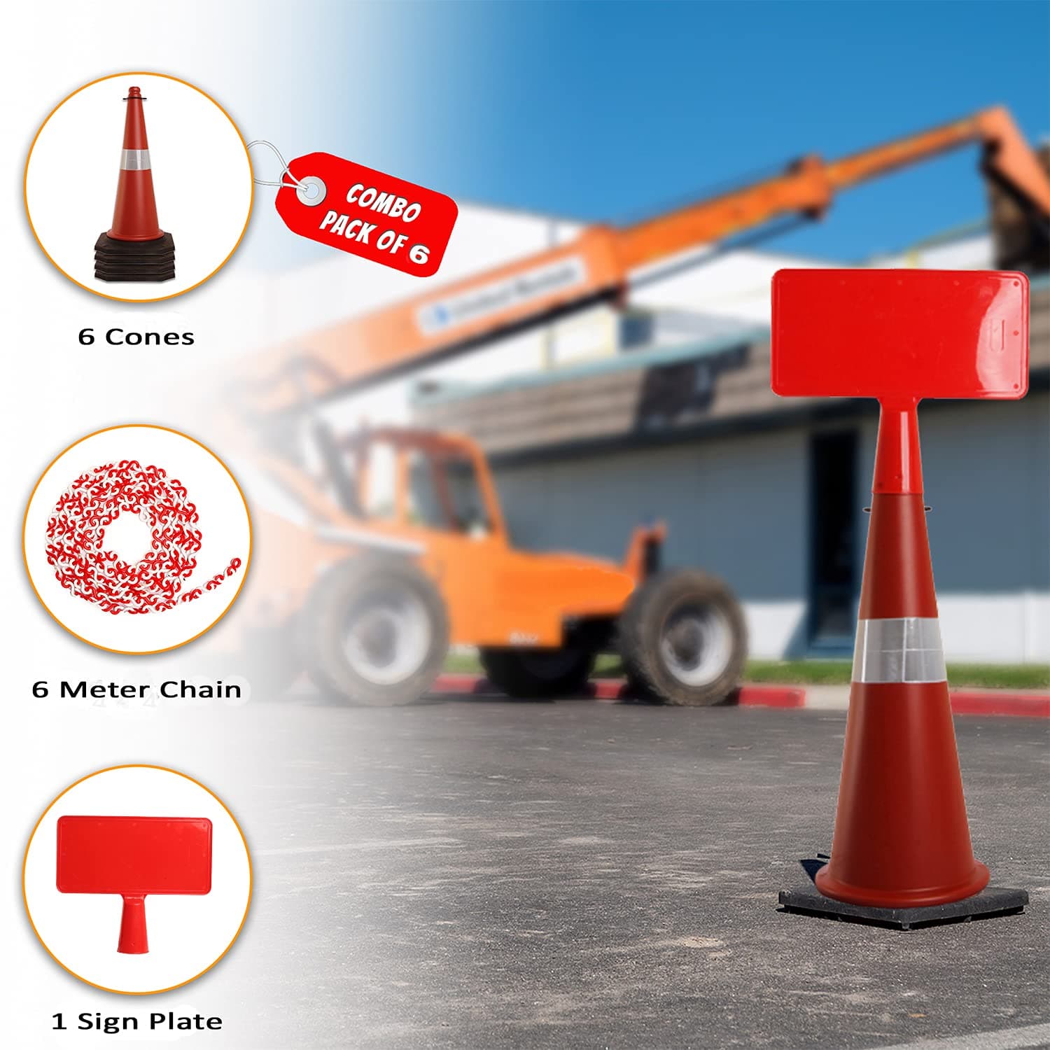 LADWA 750mm Combo of Impact Resistant Road 8 Traffic Safety Cones + 8 mtr chain + 8 Hooks & 1 Sign Plate with Reflective Strips Collar For Road Attention view 5