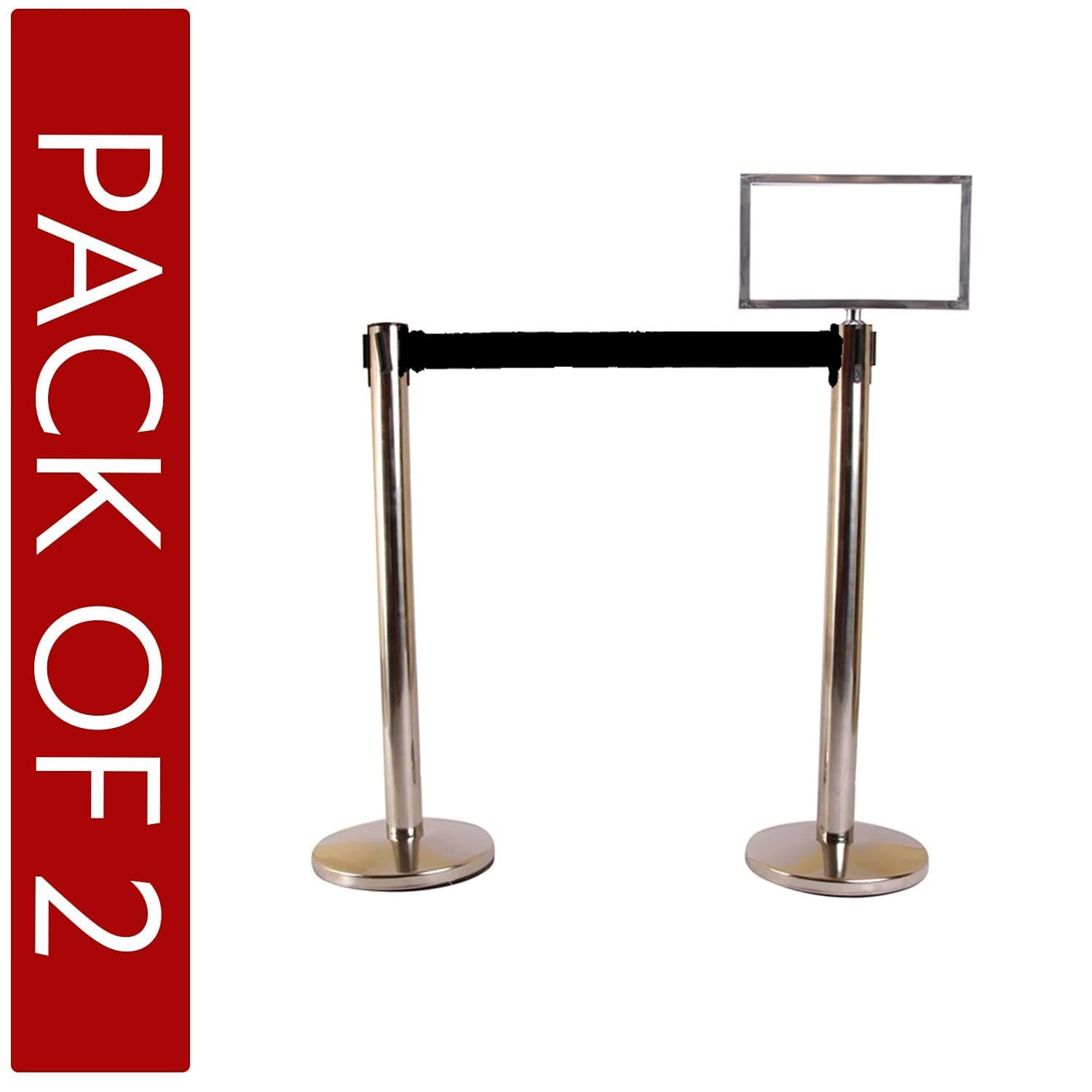 LADWA Set of 2 Q Please (Q Manager), 202 Grade Extendable 2.25 mtr Hook Type Stanchions Barrier Accessories Steel Barricade, Que Manager with A3 Sign Plate - Black Tape view 2