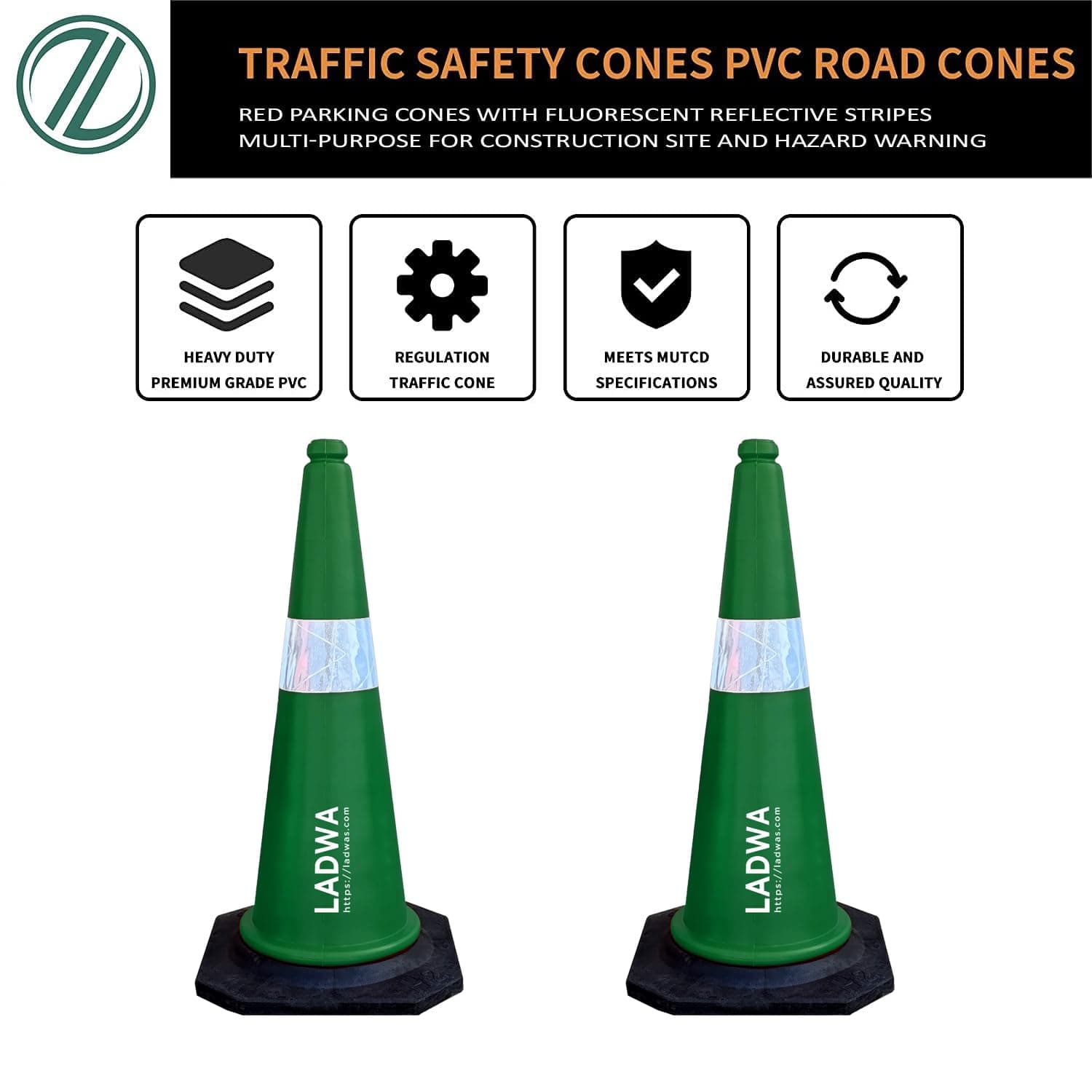 LADWA Road Safety Cone Pack of 2, Combo,750mm,Traffic Safety, 2 Green Cones + 2 Meter Chain + 2 Hooks with Black Rubber Weighted Base and Highly Visible Reflective Collar (Green) view 2