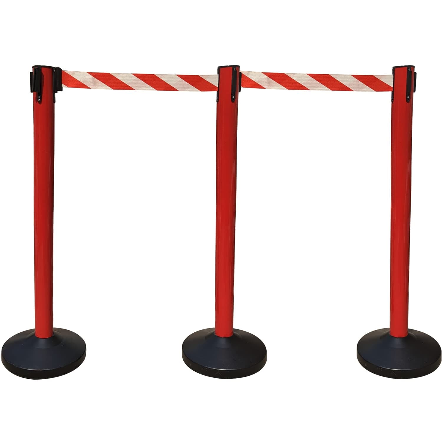 Ladwa Set of 3 Q Please (Q Manager), 202 Grade Extendable 2.25 mtr Hook Type Stanchions Barrier Accessories Red pole with red & white zebra tape Que Manager