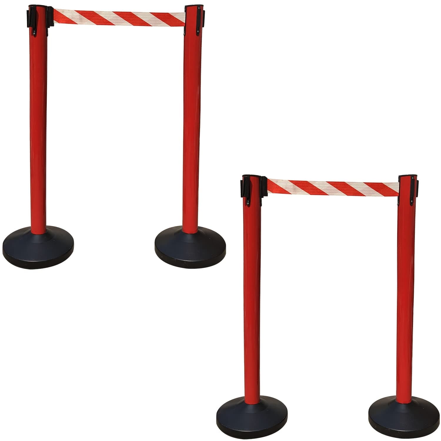 Ladwa Set of 4 Q Please (Q Manager), 202 Grade Extendable 2.25 mtr Hook Type Stanchions Barrier Accessories Red pole with red & white zebra tape Que Manager