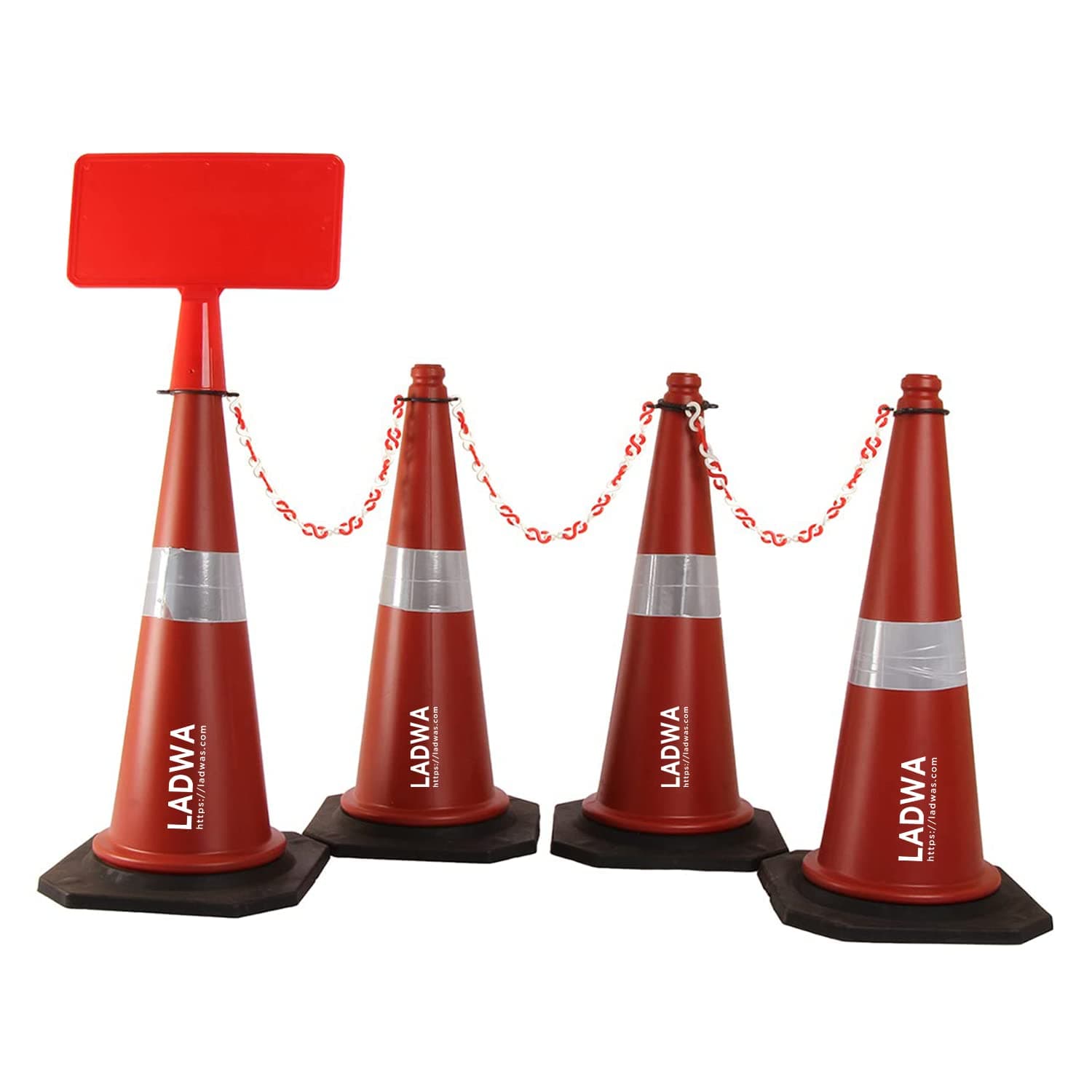LADWA 750mm Combo of Impact Resistant Road 4 Traffic Safety Cones + 4 mtr chain + 4 Hooks & 1 Sign Plate with Reflective Strips Collar For Road Attention