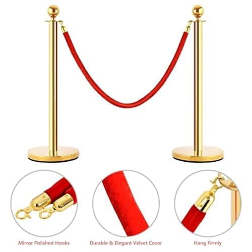 LADWA Set of 2 Golden Finish Q Please (Q Manager) with Red Velvet Rope for Ensuring Social Distancing, Queue Manager with 1.5m Rope, Barricade, Stanchions (Set of 2 Pillar and 1 Rope) view 3