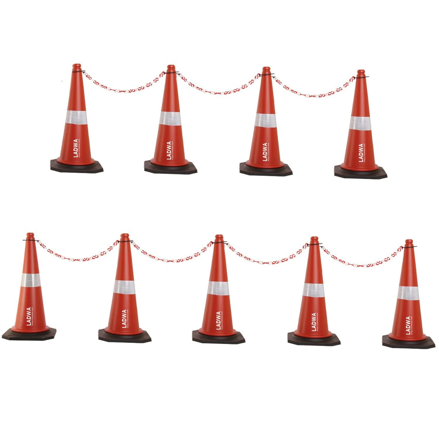 LADWA Road Traffic Cones – 750mm Height Cones with Reflective Strips, 4m Chain & 4 Hooks for Secure Barriers – Ideal for Road Safety, Construction Zones, and Parking Areas (Pack of 9)
