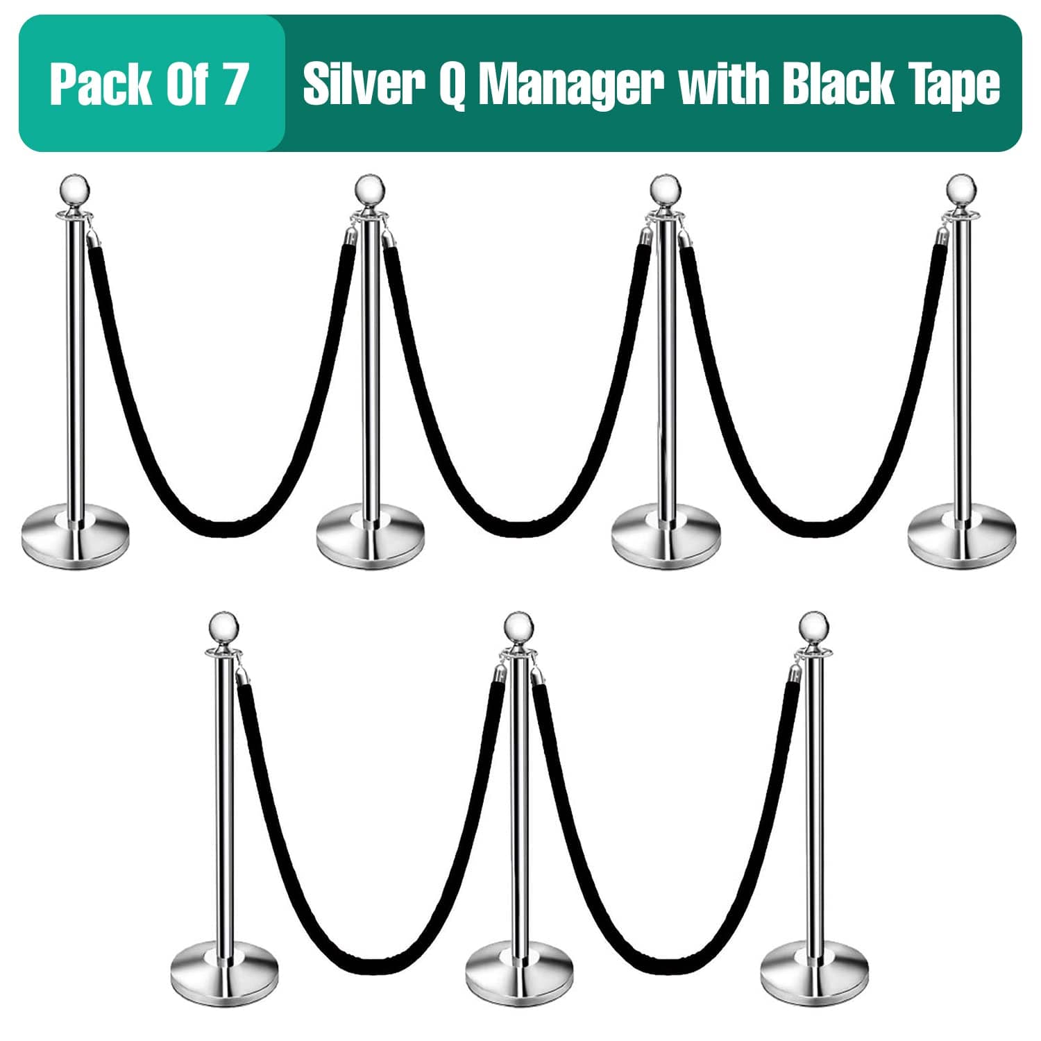 LADWA Set of 7 Silver Finish Q Please (Q Manager) with Black Velvet Rope for Ensuring Social Distancing, Queue Manager with 1.5m Rope, Barricade, Stanchions (Set of 7 Pillar and 7 Rope) view 2