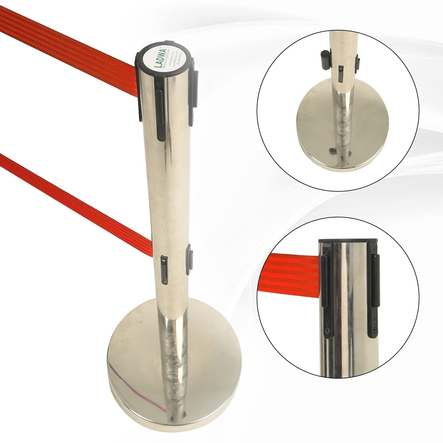 LADWA Set of 2 Double Belt Q Please (Q Manager), 202 Grade Extendable 2.25 mtr Hook Type Stanchions Barrier Accessories Steel Barricade, Red Que Manager view 2