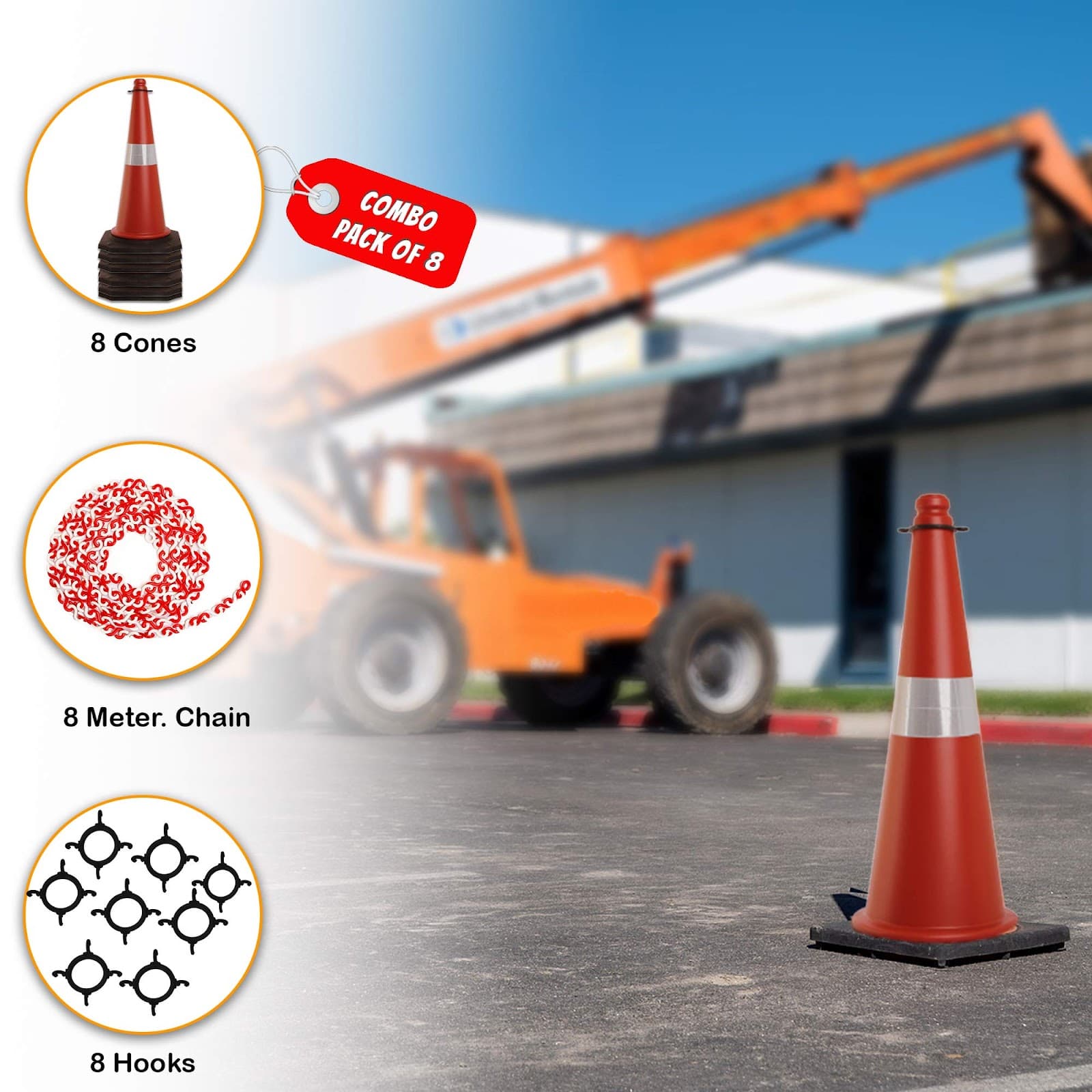 LADWA Road Traffic Cones – 750mm Height Cones with Reflective Strips, 8m Chain & 8 Hooks for Secure Barriers – Ideal for Road Safety, Construction Zones, and Parking Areas (Pack of 8) view 2