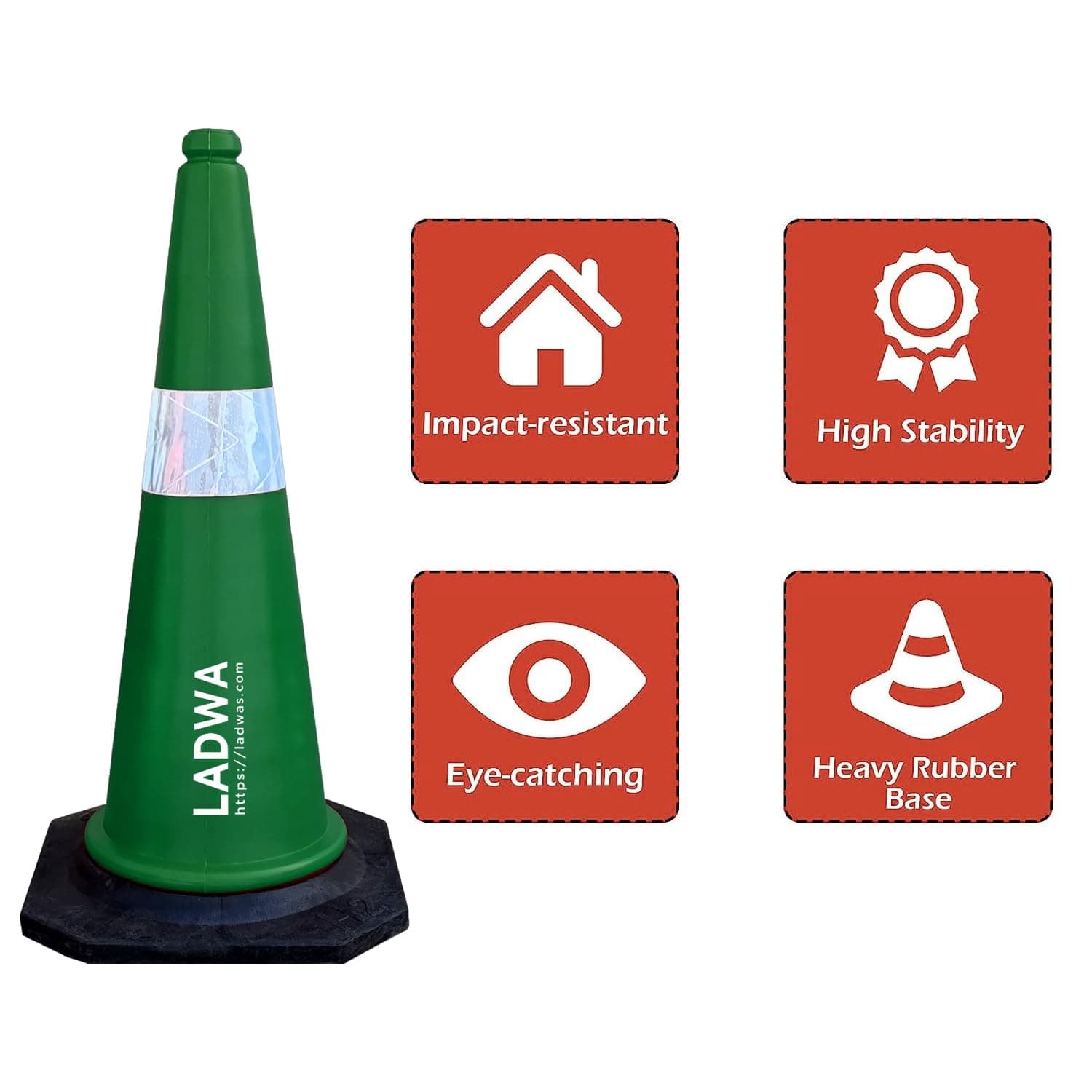 LADWA Road Safety Cone Pack of 2, Combo,750mm,Traffic Safety, 2 Green Cones + 2 Meter Chain + 2 Hooks with Black Rubber Weighted Base and Highly Visible Reflective Collar (Green) view 4