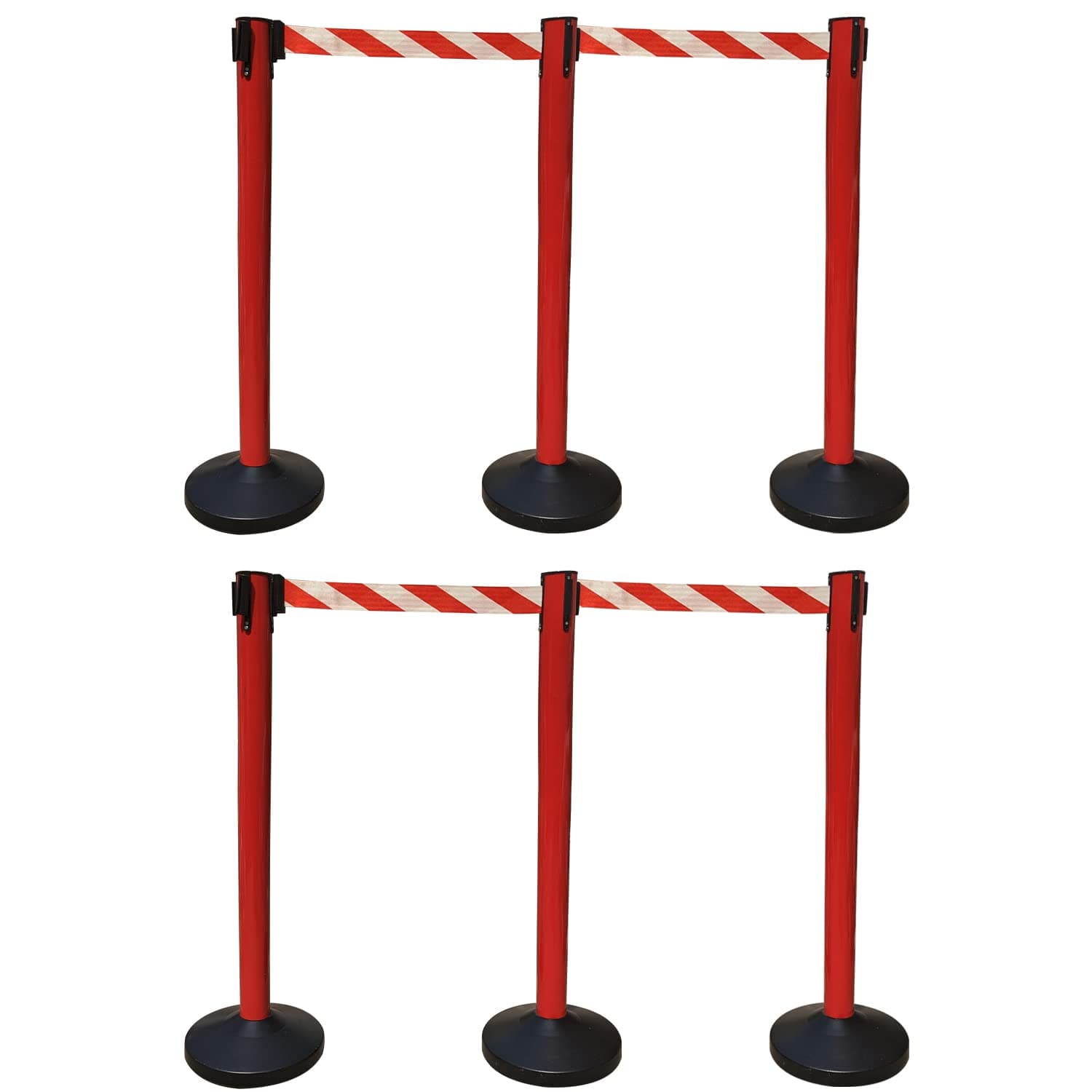 Ladwa Set of 6 Q Please (Q Manager), 202 Grade Extendable 2.25 mtr Hook Type Stanchions Barrier Accessories Red pole with red & white zebra tape Que Manager
