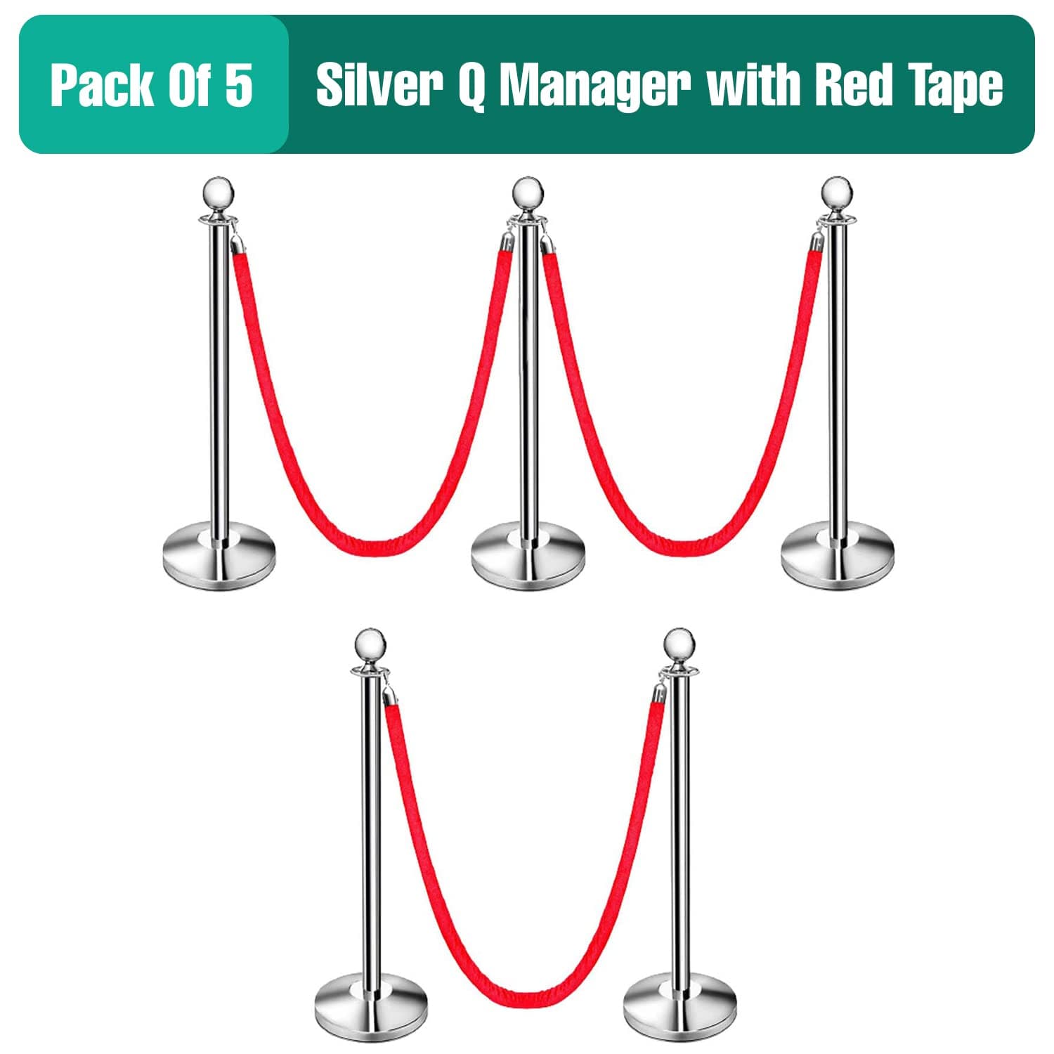 LADWA Set of 5 Silver Finish Q Please (Q Manager) with Red Velvet Rope for Ensuring Social Distancing, Queue Manager with 1.5m Rope, Barricade, Stanchions (Set of 5 Pillar and 5 Rope) view 2