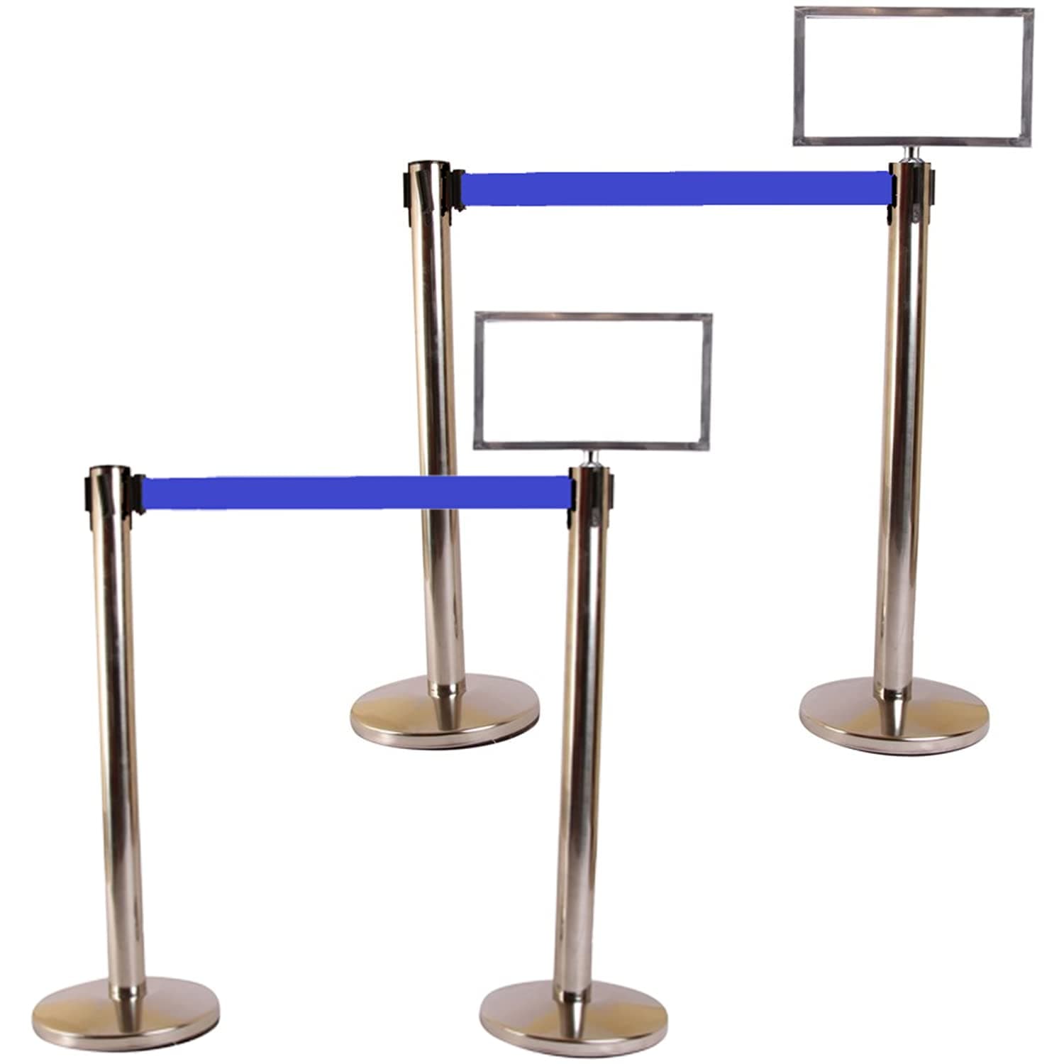 LADWA Set of 4 Q Please (Q Manager), 202 Grade Extendable 2.25 mtr Hook Type Stanchions Barrier Accessories Steel Barricade, Que Manager with A3 Sign Plate - Blue Tape