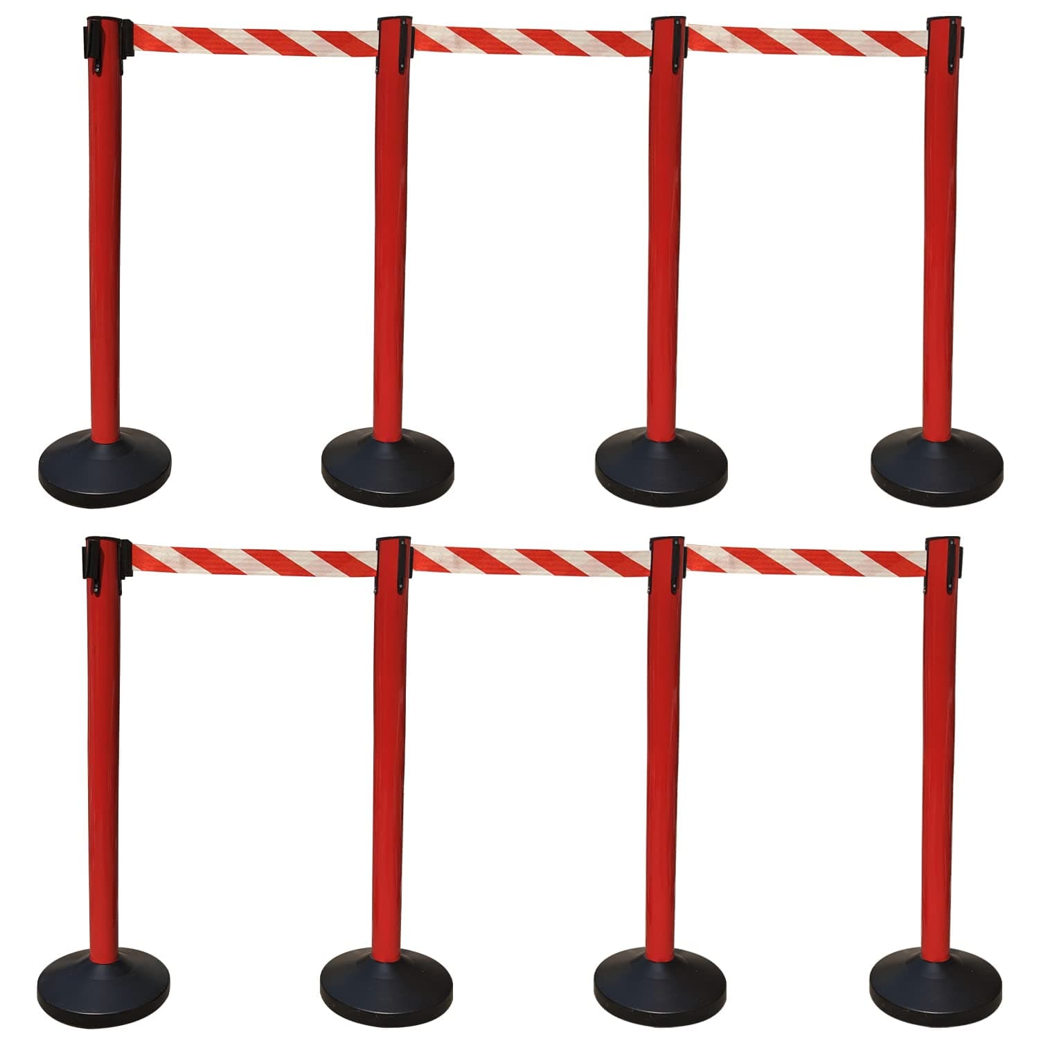 Ladwa Set of 8 Q Please (Q Manager), 202 Grade Extendable 2.25 mtr Hook Type Stanchions Barrier Accessories Red pole with red & white zebra tape Que Manager