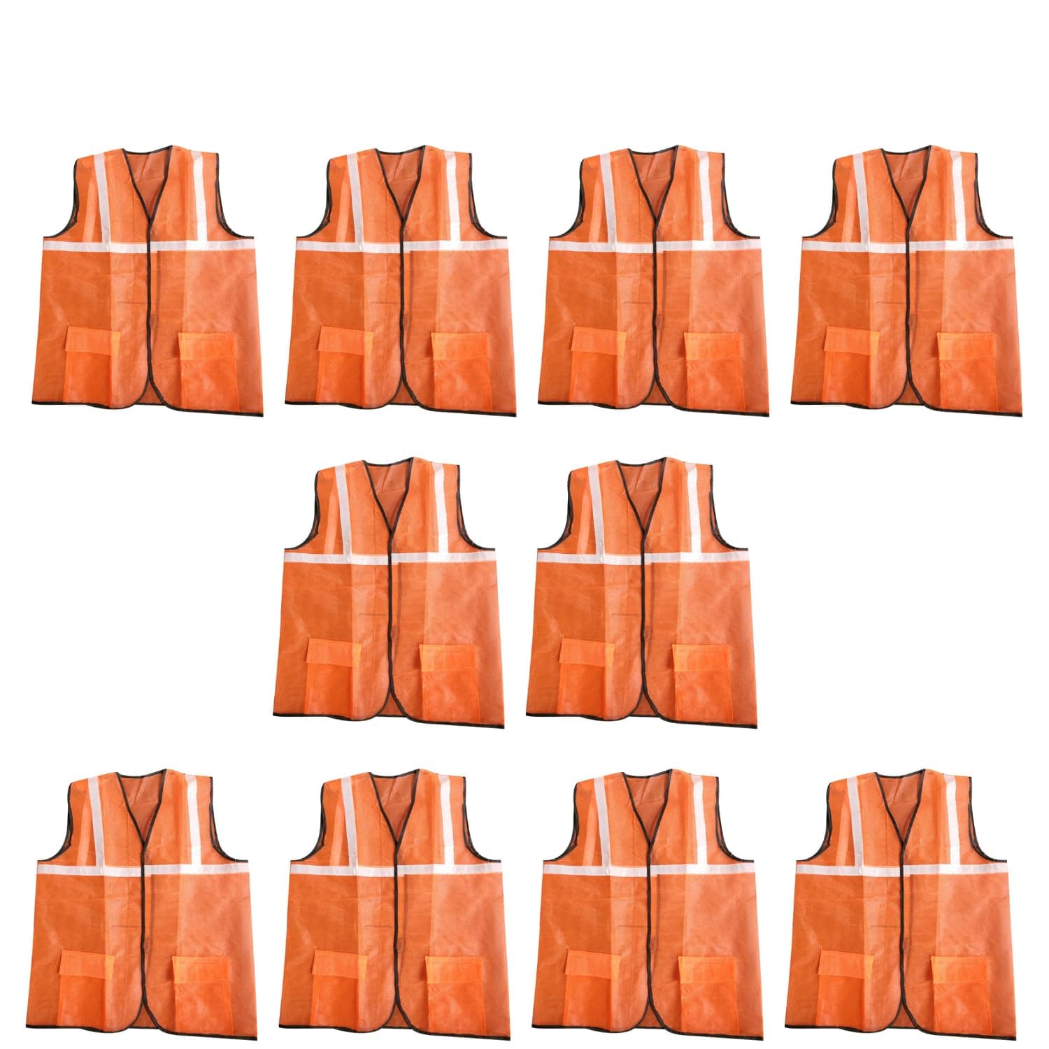 LADWA Reflective Orange Safety Jacket with 2 Pockets Pack of 10 - High Visibility ANSI Class 2 Reflective Gear | Construction Workwear, Night Running, Cycling