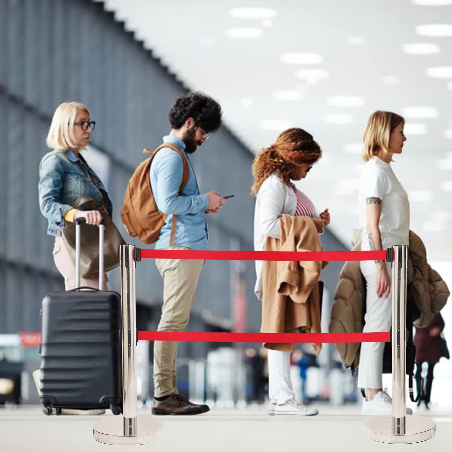 LADWA Set of 2 Double Belt Q Please (Q Manager), 202 Grade Extendable 2.25 mtr Hook Type Stanchions Barrier Accessories Steel Barricade, Red Que Manager view 3