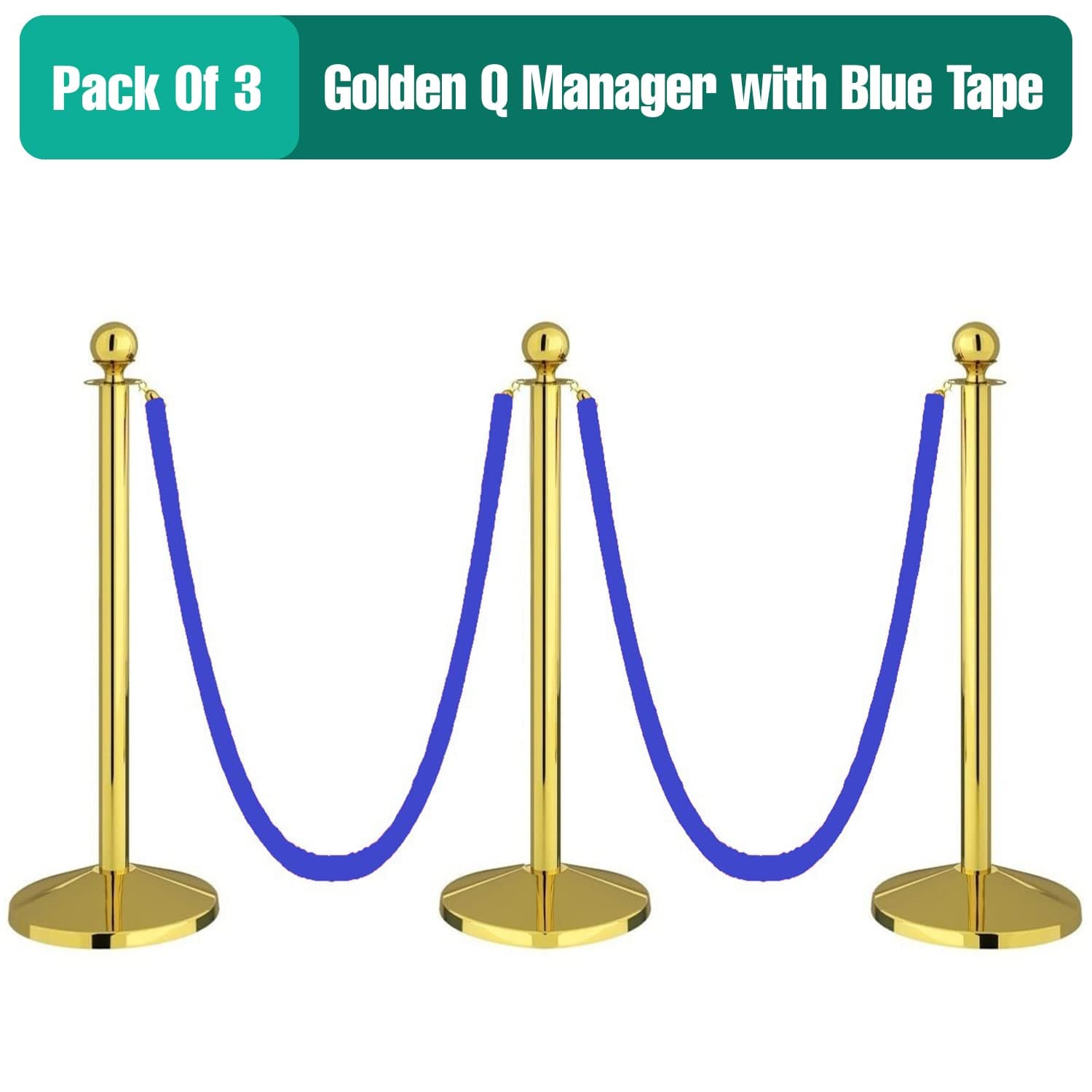 LADWA Set of 3 Golden Finish Q Please (Q Manager) with Blue Velvet Rope for Ensuring Social Distancing, Queue Manager with 1.5m Rope, Barricade, Stanchions (Set of 3 Pillar and 3 Rope) view 2