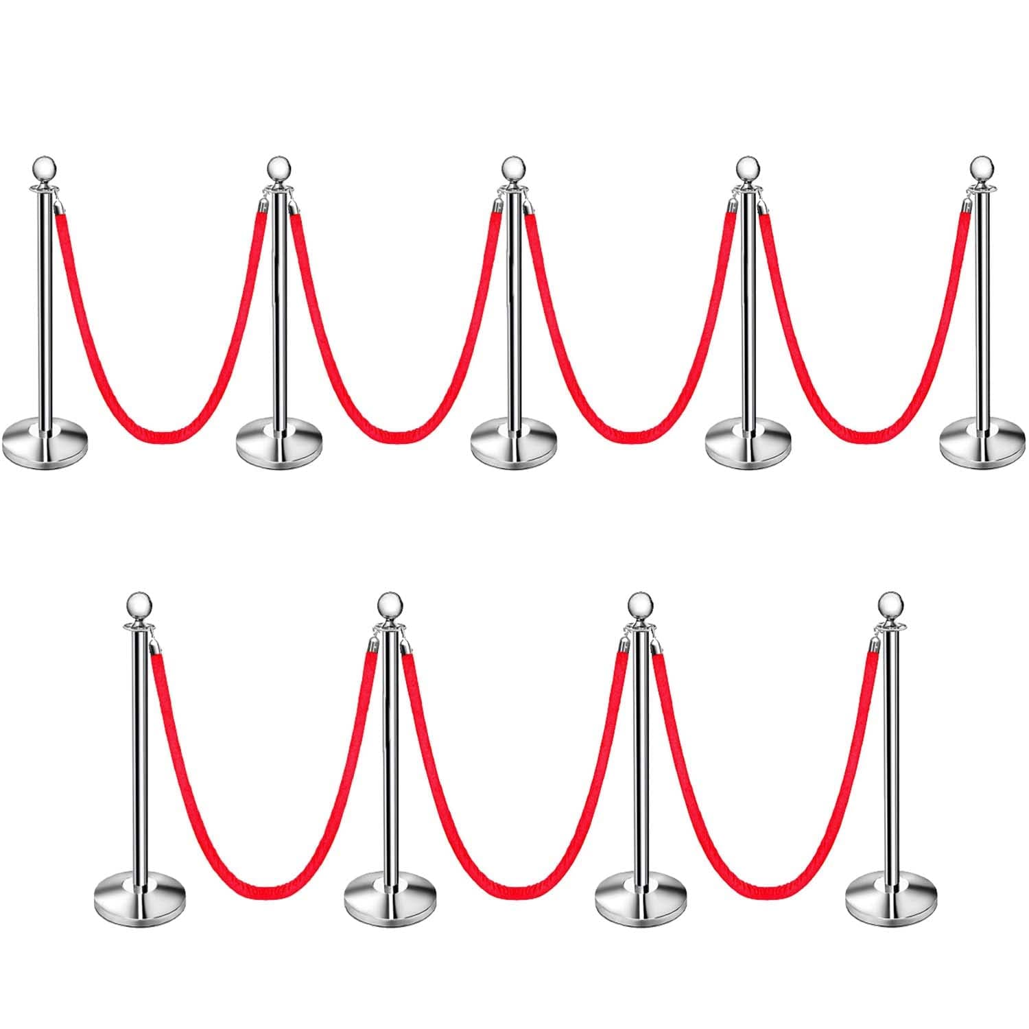 LADWA Set of 9 Silver Finish Q Please (Q Manager) with Red Velvet Rope for Ensuring Social Distancing, Queue Manager with 1.5m Rope, Barricade, Stanchions (Set of 9 Pillar and 9 Rope)