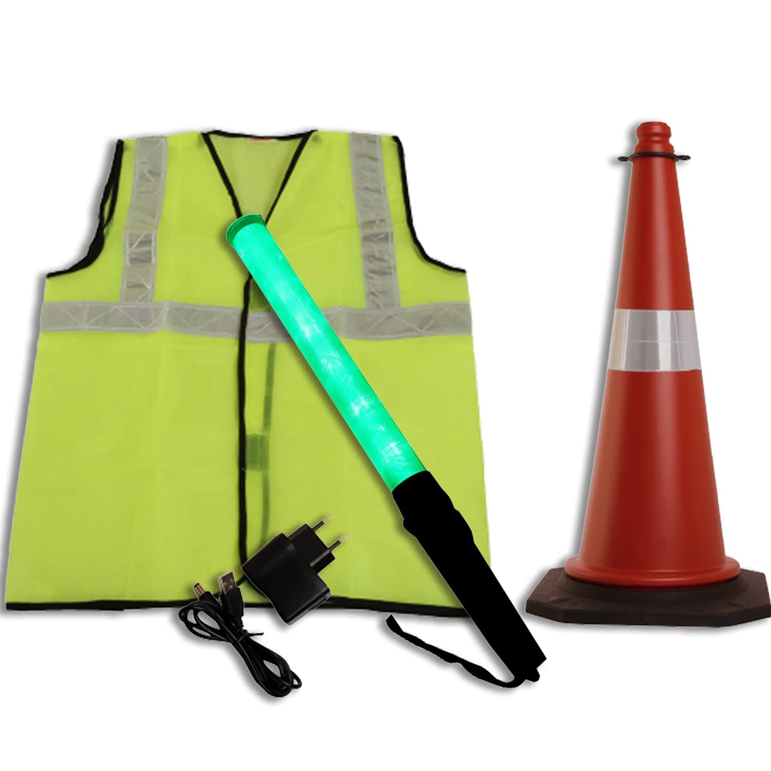 LADWA Combo: 3pcs - Green Reflective Jacket, Traffic Cone & Rechargeable Safety Baton (20") with 3 Flash Modes (1 Jacket + 1 Baton + 1 Cone). view 2