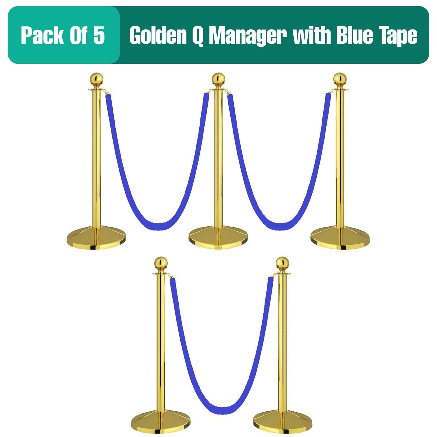 LADWA Set of 5 Golden Finish Q Please (Q Manager) with Blue Velvet Rope for Ensuring Social Distancing, Queue Manager with 1.5m Rope, Barricade, Stanchions (Set of 5 Pillar and 3 Rope) view 2