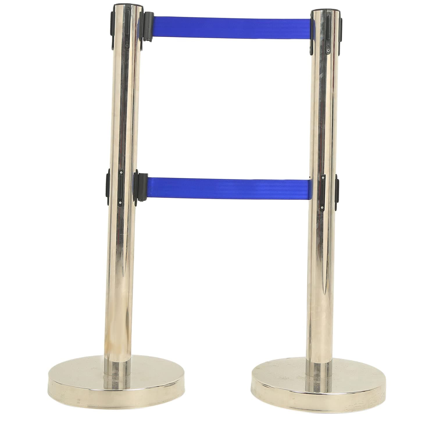LADWA Set of 2 Double Belt Q Please (Q Manager), 202 Grade Extendable 2.25 mtr Hook Type Stanchions Barrier Accessories Steel Barricade, Blue Que Manager