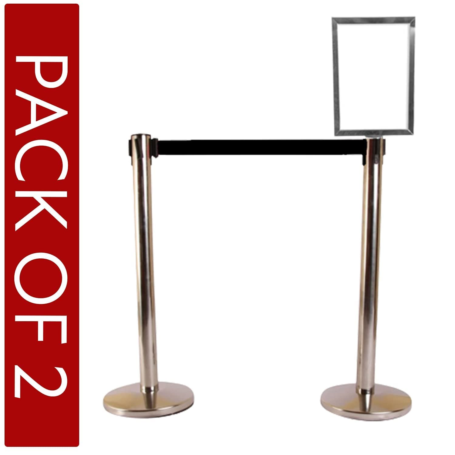 LADWA Set of 2 Q Please (Q Manager), 202 Grade Extendable 2.25 mtr Hook Type Stanchions Barrier Accessories Steel Barricade, Que Manager with A4 Sign Plate - Black Tape view 2