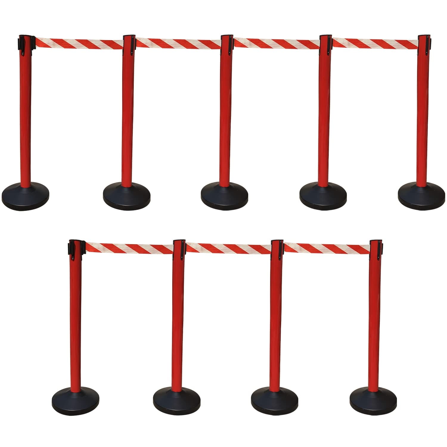 Ladwa Set of 9 Q Please (Q Manager), 202 Grade Extendable 2.25 mtr Hook Type Stanchions Barrier Accessories Red pole with red & white zebra tape Que Manager