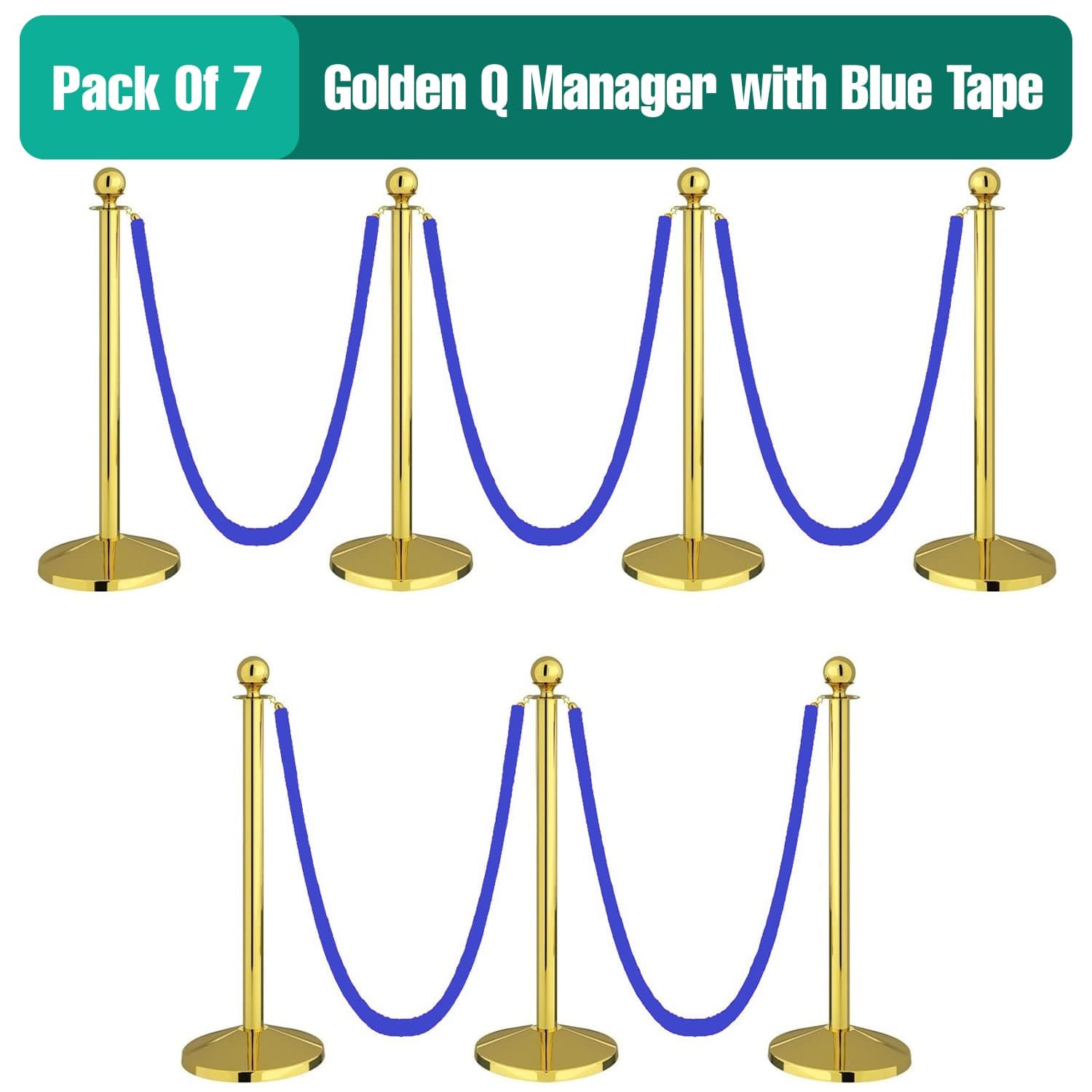 LADWA Set of 7 Golden Finish Q Please (Q Manager) with Blue Velvet Rope for Ensuring Social Distancing, Queue Manager with 1.5m Rope, Barricade, Stanchions (Set of 7 Pillar and 7 Rope) view 2