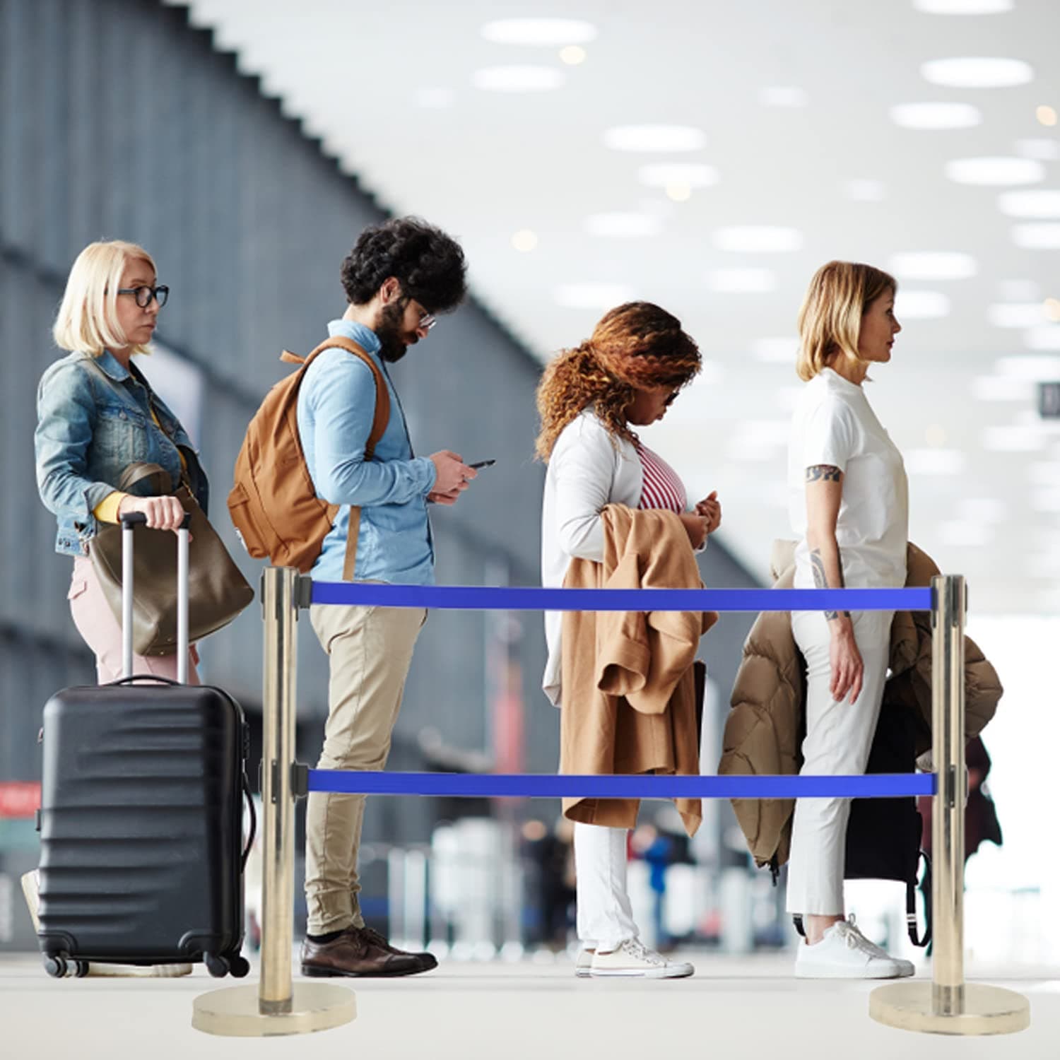 LADWA Set of 2 Double Belt Q Please (Q Manager), 202 Grade Extendable 2.25 mtr Hook Type Stanchions Barrier Accessories Steel Barricade, Blue Que Manager view 3