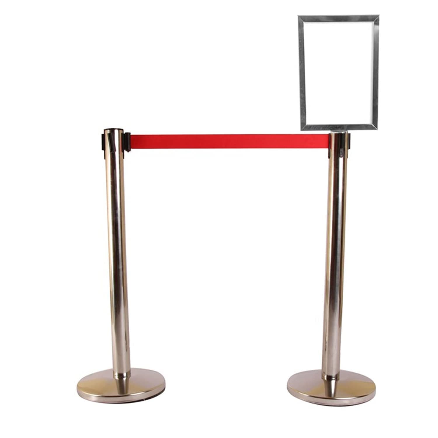LADWA Set of 2 Q Please (Q Manager), 202 Grade Extendable 2.25 mtr Hook Type Stanchions Barrier Accessories Steel Barricade, Que Manager with A4 Sign Plate - Red Tape