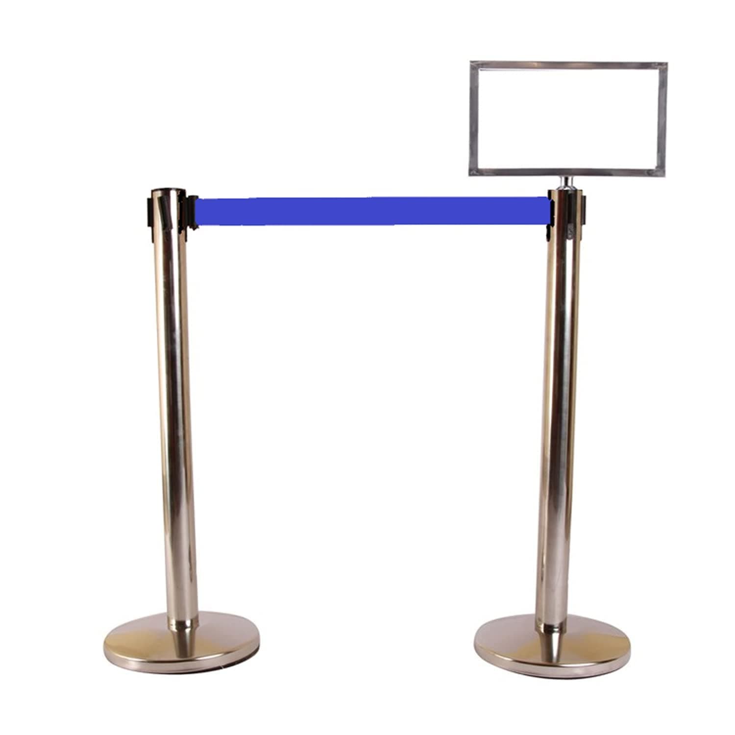 LADWA Set of 2 Q Please (Q Manager), 202 Grade Extendable 2.25 mtr Hook Type Stanchions Barrier Accessories Steel Barricade, Que Manager with A3 Sign Plate - Blue Tape