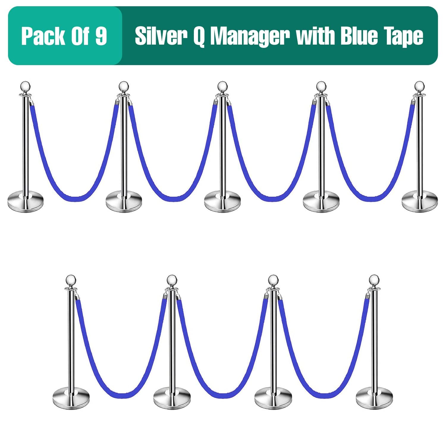 LADWA Set of 9 Silver Finish Q Please (Q Manager) with Blue Velvet Rope for Ensuring Social Distancing, Queue Manager with 1.5m Rope, Barricade, Stanchions (Set of 9 Pillar and 9 Rope) view 2