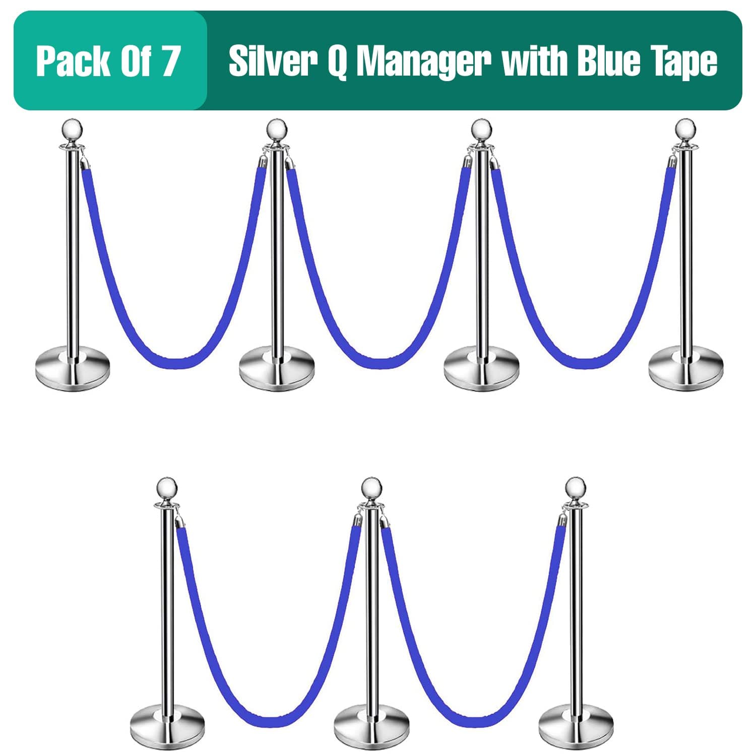 LADWA Set of 7 Silver Finish Q Please (Q Manager) with Blue Velvet Rope for Ensuring Social Distancing, Queue Manager with 1.5m Rope, Barricade, Stanchions (Set of 7 Pillar and 7 Rope) view 2