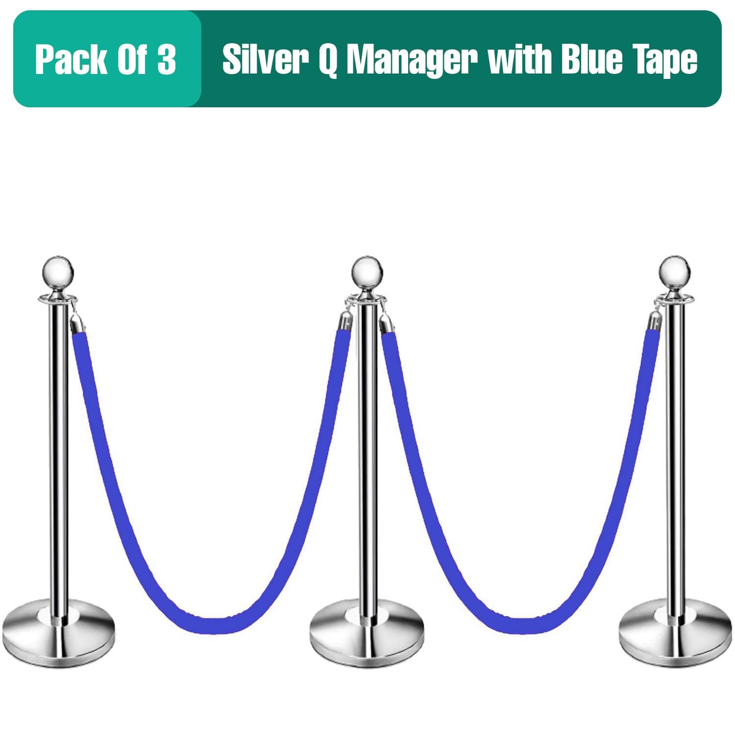 LADWA Set of 3 Silver Finish Q Please (Q Manager) with Blue Velvet Rope for Ensuring Social Distancing, Queue Manager with 1.5m Rope, Barricade, Stanchions (Set of 3 Pillar and 3 Rope) view 2