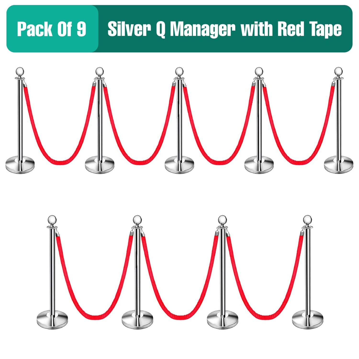 LADWA Set of 9 Silver Finish Q Please (Q Manager) with Red Velvet Rope for Ensuring Social Distancing, Queue Manager with 1.5m Rope, Barricade, Stanchions (Set of 9 Pillar and 9 Rope) view 2