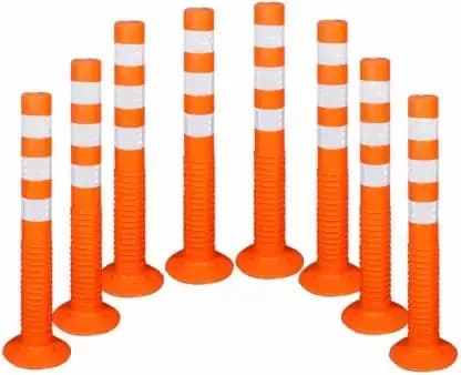 Ladwa Flexible Plastic Spring Post Barrier (Pack of 8) High Grade Elastomeric Polymer Material With 3 White Reflective Tapes Easy To Install Safety T-Top Bollard Barrier Parking Block (Orange)