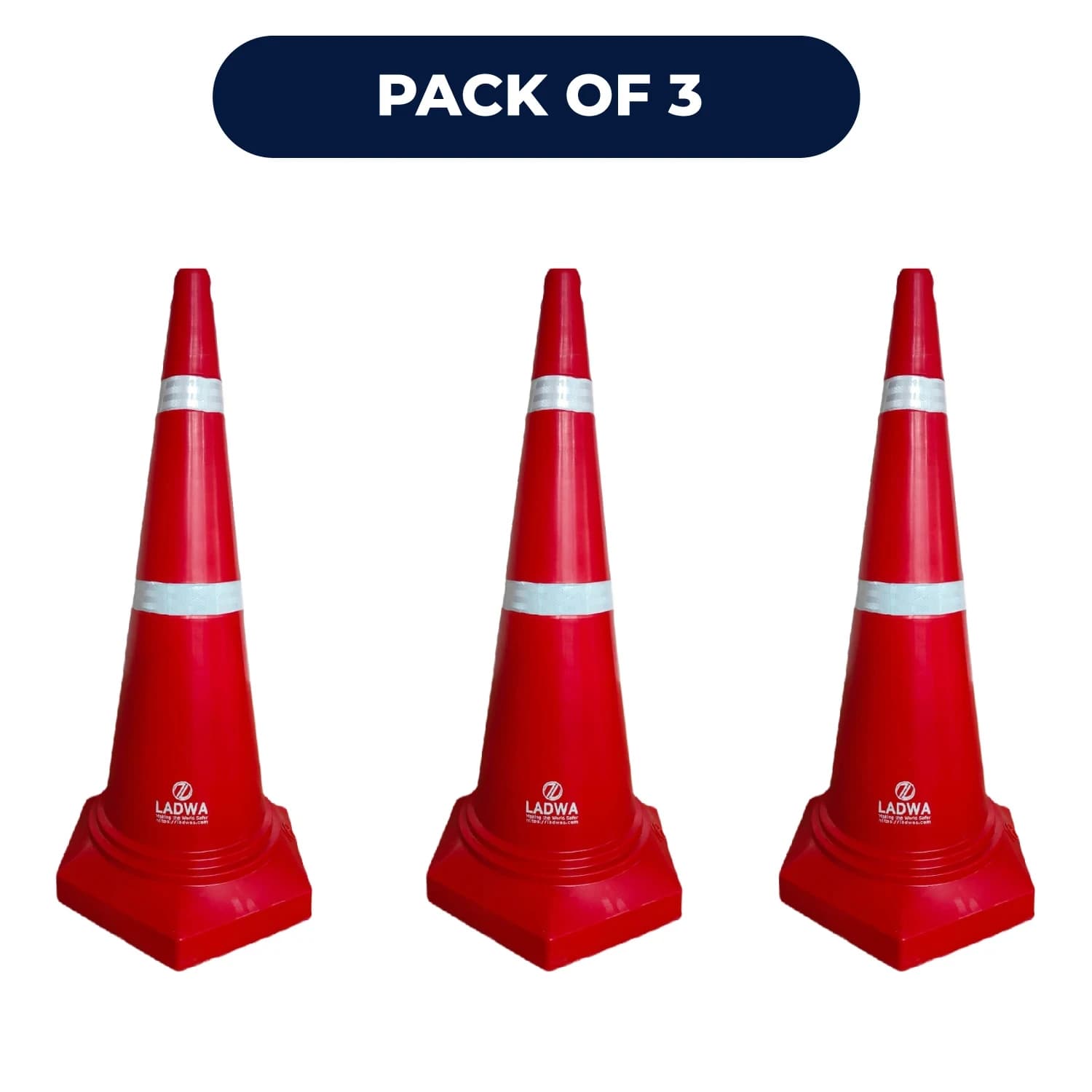 LADWA Safety Cones - Round Top-Hexa Base -Red-4.0Kg 1000mm (Pack -3)