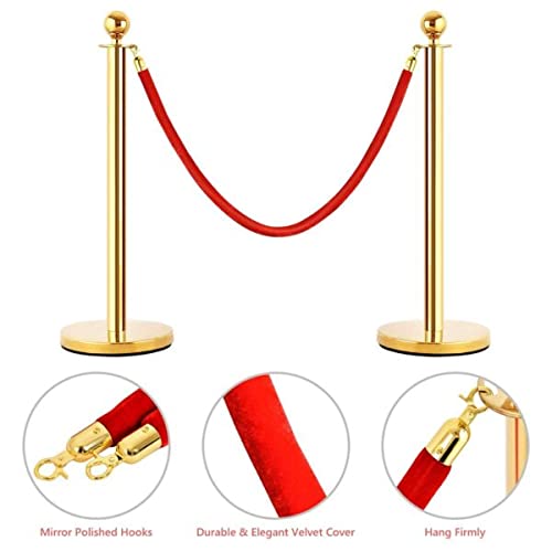 LADWA Set of 4 Golden Finish Q Please (Q Manager) with Red Velvet Rope for Ensuring Social Distancing, Queue Manager with 1.5m Rope, Barricade, Stanchions (Set of 4 Pillar and 2 Rope)