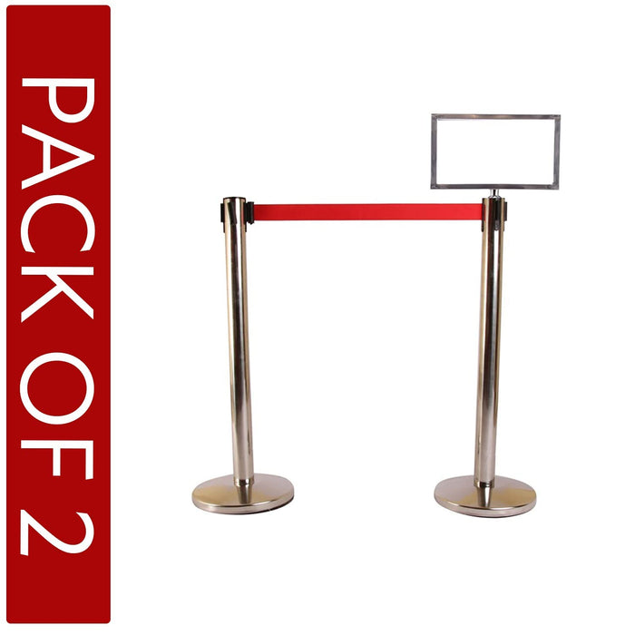 LADWA Set of 2 Q Please (Q Manager), 202 Grade Extendable 2.25 mtr Hook Type Stanchions Barrier Accessories Steel Barricade, Que Manager with A3 Sign Plate - Red Tape