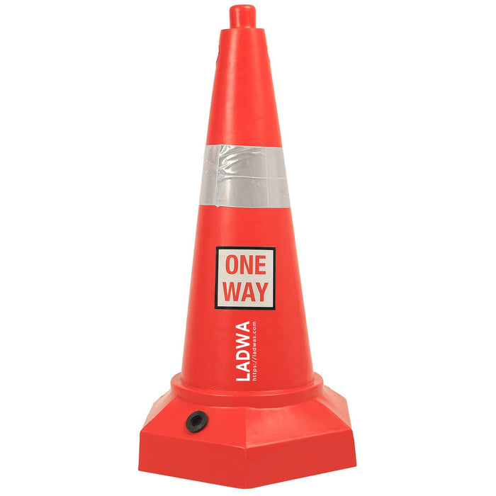 LADWA 5 kg Heavy Base Road Traffic Cone, Non Topple, No Fly Cone with Chain Ring, Two Night Visible Reflective Strips, Red Colour for Day Visibility with One Way Sign (Pack of 1)