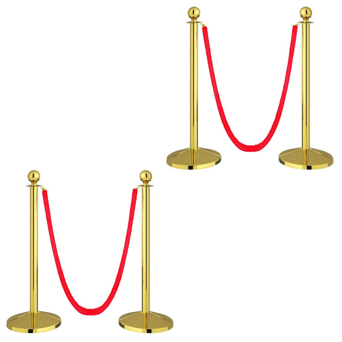 LADWA Set of 4 Golden Finish Q Please (Q Manager) with Red Velvet Rope for Ensuring Social Distancing, Queue Manager with 1.5m Rope, Barricade, Stanchions (Set of 4 Pillar and 2 Rope)