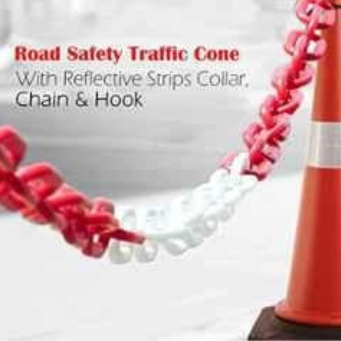 LADWA 750mm Combo of 3 Traffic Safety Cones + 3 mtr chain + 3 Hooks with Reflective Strips Collar For Road Attention