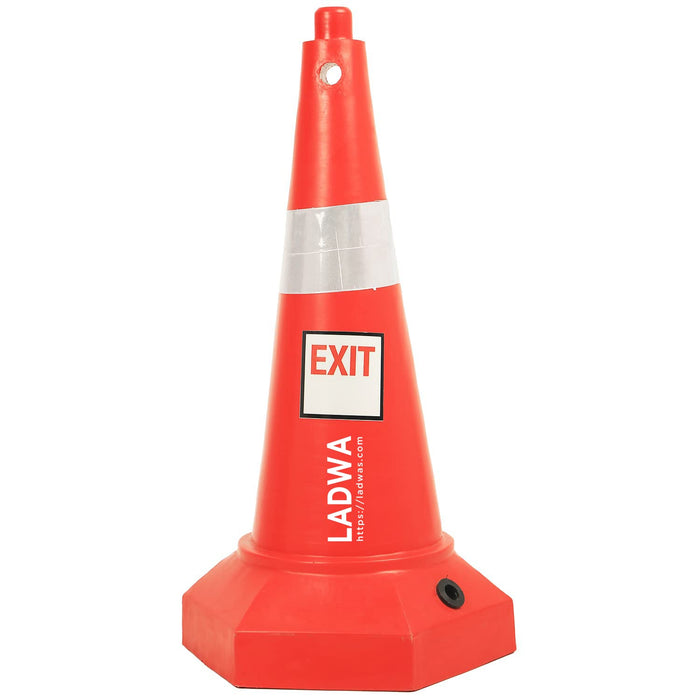 LADWA 5 kg Heavy Base Road Traffic Cone, Non Topple, No Fly Cone with Chain Ring, Two Night Visible Reflective Strips, Red Colour for Day Visibility with Exit Sign (Pack of 1)