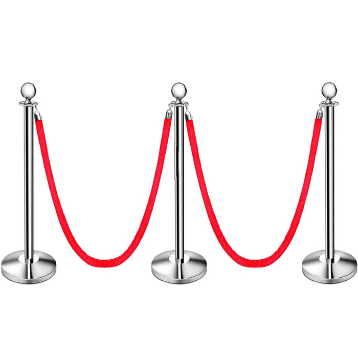 LADWA Set of 3 Silver Finish Q Please (Q Manager) with Red Velvet Rope for Ensuring Social Distancing, Queue Manager with 1.5m Rope, Barricade, Stanchions (Set of 3 Pillar and 3 Rope)