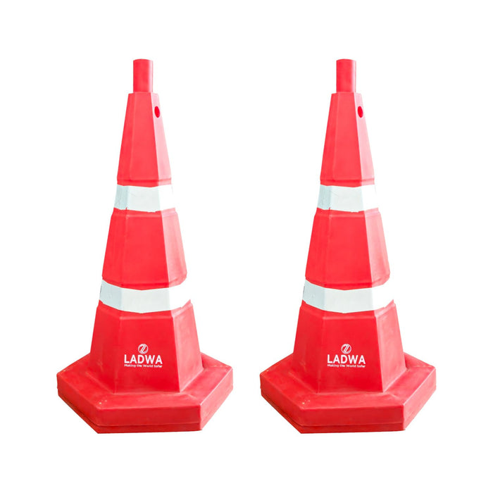 LADWA 700 mm, 2 Pcs 5 kg Heavy Base Road Traffic Cone, Non Topple, No Fly Cone with Chain Ring, Two Night Visible Reflective Strips, Red Colour for Day Visibility