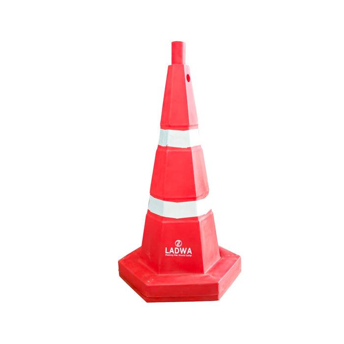 LADWA 700 mm, 2 Pcs 5 kg Heavy Base Road Traffic Cone, Non Topple, No Fly Cone with Chain Ring, Two Night Visible Reflective Strips, Red Colour for Day Visibility