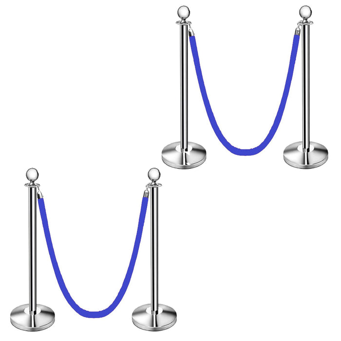 LADWA Set of 4 Silver Finish Q Please (Q Manager) with Blue Velvet Rope for Ensuring Social Distancing, Queue Manager with 1.5m Rope, Barricade, Stanchions (Set of 4 Pillar and 2 Rope)