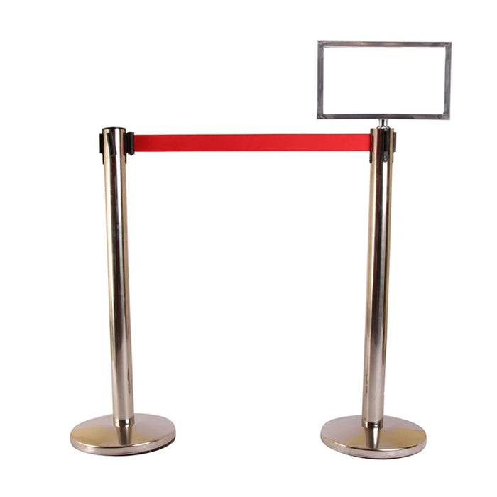 LADWA Set of 2 Q Please (Q Manager), 202 Grade Extendable 2.25 mtr Hook Type Stanchions Barrier Accessories Steel Barricade, Que Manager with A3 Sign Plate - Red Tape